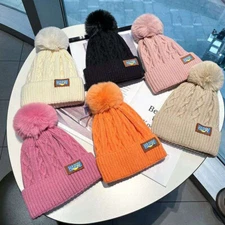 Womens Winter Warm Knitted Beanie Ski Hat Faux Fur Bobble Pom Pom Hat Cap⇓