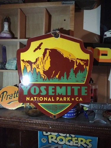 VINTAGE PORCELAIN SIGN YOSEMITE NATIONAL PARK RANGER TRAIL CABIN CAMP SHIELD 12"