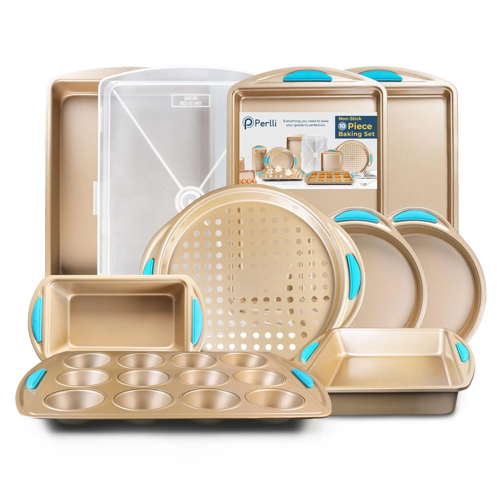 Perlli Baking Kit: Nonstick Gold Steel Oven Set - 10 Pieces, 10 Piece, Blue
