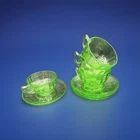 Vintage Federal Glass Green Optic Panel Vaseline Cups and saucers. Set of 4
