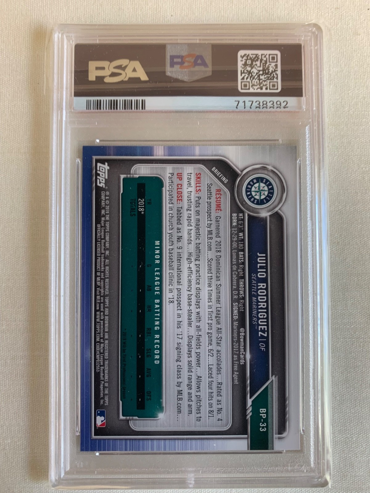 2019 BOWMAN PAPER PROSPECTS #BP33 JULIO RODRIGUEZ PSA 10 view 2