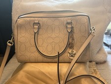 Coach Beige Logo Medium Satchel Top Handle Zip Detachable Strap Charm Silver
