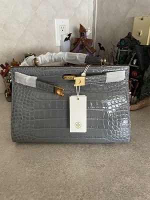 Tory Burch Lee Radziwill Embossed Crocodile Gray Top Handle Bag