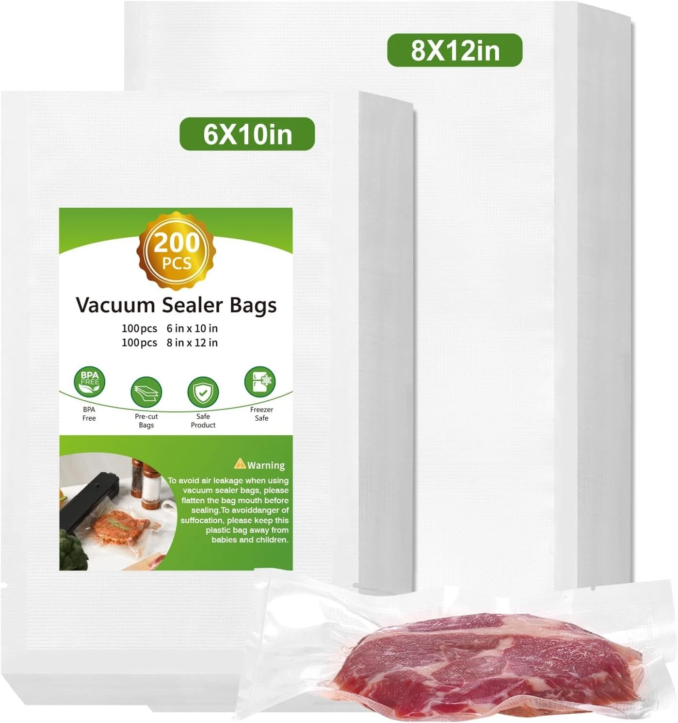 Moretoes 200pcs Vacuum Sealer Bags, 100 Quart 8" x 8 x 12 and 6 x 10, Clear