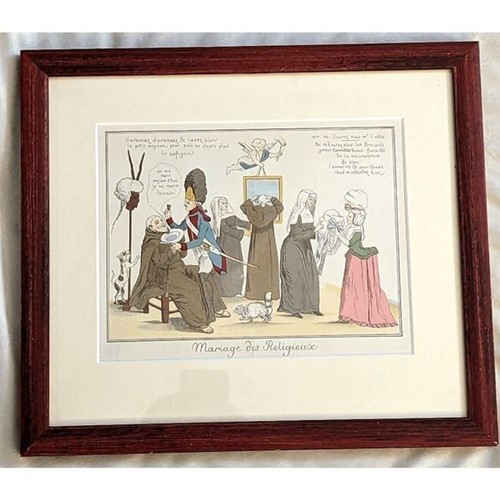 "Vintage Framed French Satirical Print 'Mariage des Religieux' 1790 Scene 15X14