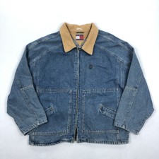 Vintage Tommy Hilfiger Women's Blue Denim Jacket Corduroy Collar Full Zip L