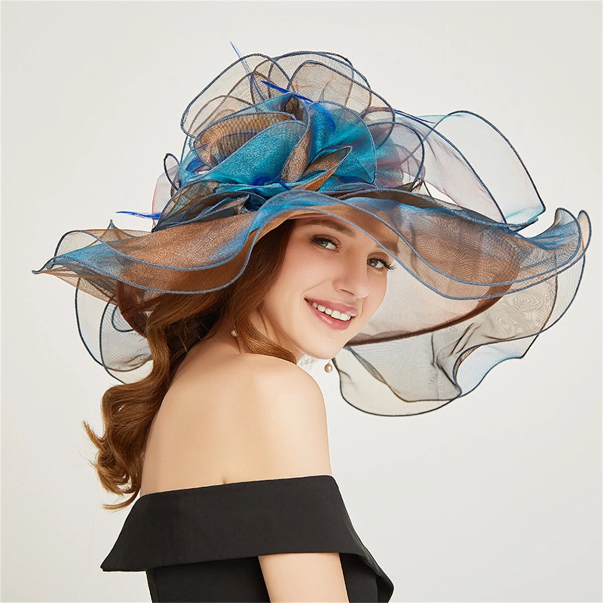 Women Organza Mesh Hat Sun Summer Wide Brim Beach Party Elegant Wedding