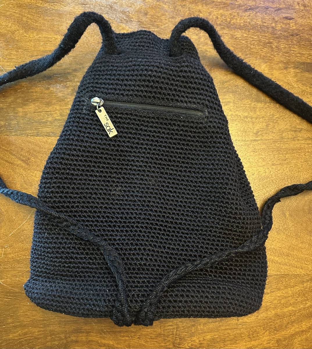 The Sak Black Crochet Craze Backpack Drawstring Bucket Purse Bag