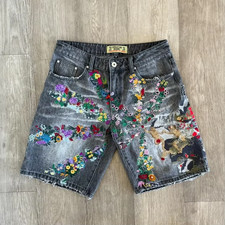 Embroidered Floral Vintage Wash Streetwear Denim Shorts