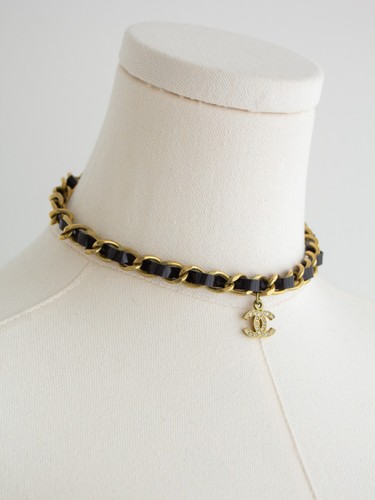 Chanel Vintage S/S1995 Barbie Black Gold Chain Leather CC 95P Choker Necklace - Picture 4 of 9