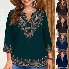 Ladies PRINT V Neck Pullover Tops Shirts 3/4 Sleeves Casual Blouse Tee SIZE 22