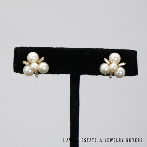 Mikimoto 18K Yellow Gold Pearl and Diamond Cluster Stud Earrings *3192-09 - Picture 2 of 14