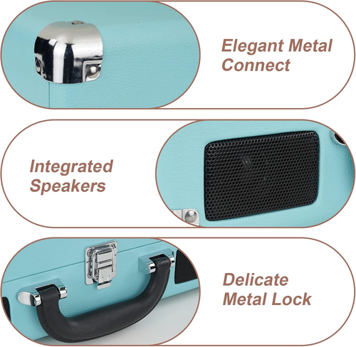 Giradischi Bluetooth, 3 Velocità, Custodia Vintage Portatile Con Altoparlanti In - Foto 6 di 12