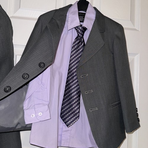 George Dress Suit Gray Pinstripe Boys Size 5 Jacket & Pleated Pants Shirt xs Tie - Picture 10 of 16