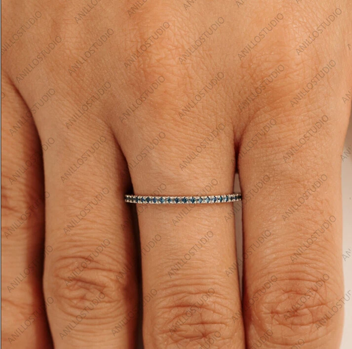 Natural London Blue Topaz Full Eternity Ring, 14k Yellow Gold Stacking Band Ring - Image 3 of 4