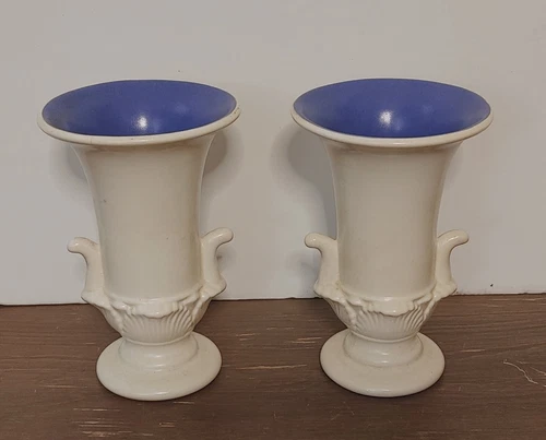 Vintage RumRill Pottery Vases Antique 30's Set of 2 Ivory & Blue #637 Red Wing
