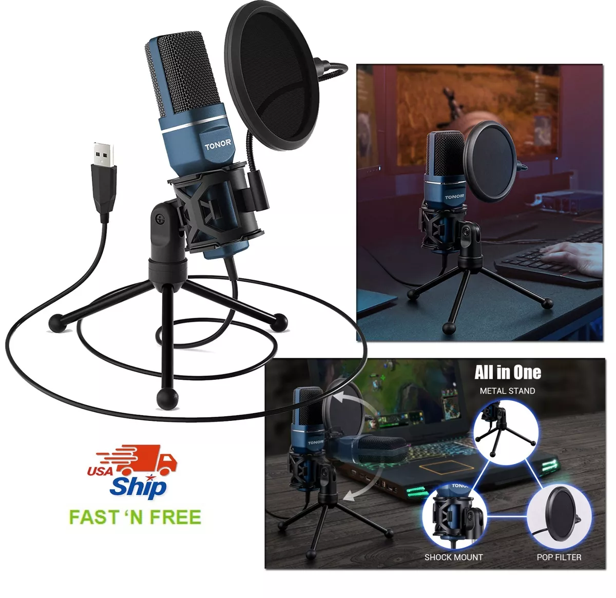 TONOR USB Microphone for PC, Cardioid Condenser Computer Mic with Tripod  Stand, Pop Filter, Shock Mount for Gaming, Streaming, Podcasting