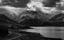 Landscape nature lake mountains road clouds monochrome Custom Gaming Mat Desk