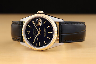 ROLEX MENS DATEJUST 16233 BLACK DIAL 18K GOLD STEEL WATCH w/ BLACK