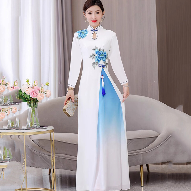 スリーエル Ladies Retro Cheongsam Dress Gradient Color Embroidered Fringe