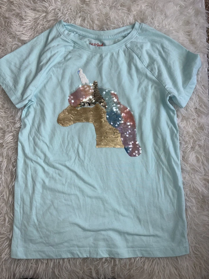 Cat & Jack Girls Sz. 10/12 Sequin ( Up/ Down) Unicorn Design Tee. Soft, Fun - Image 2 of 4