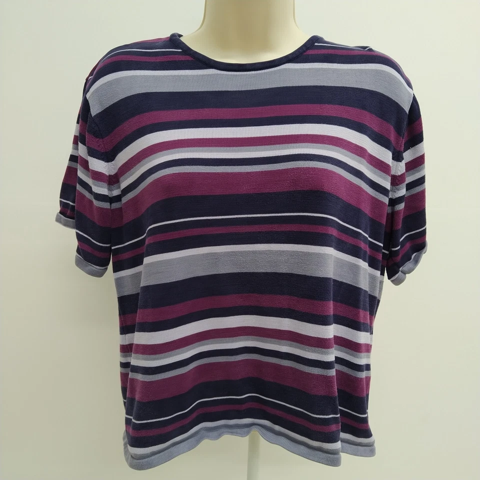 Blusa feminina Kasper listra azul roxa manga curta gola redonda feminina tamanho 16 - Imagem 3 de 4