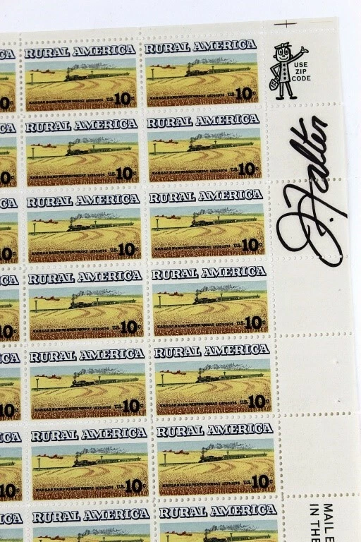 John Falter Signed Sheet of Stamps 1974 USPS Rural America Train Kansas Wheat - Image 3 of 3