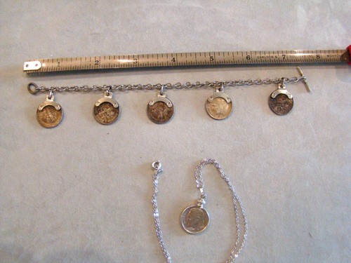 Vintage 1944 Mercury Dime & 1960s Roosevelt Dime Charm Bracelet 1986 Necklace - Picture 3 of 11
