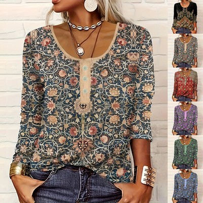 Women Boho Floral Long Sleeve Tunic Tops Ladies Button Neck Loose T Shirt Blouse