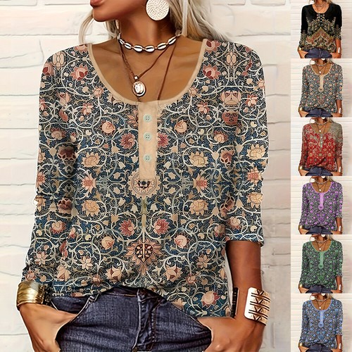 Women Boho Floral Long Sleeve Tunic Tops Ladies Button Neck Loose T Shirt Blouse