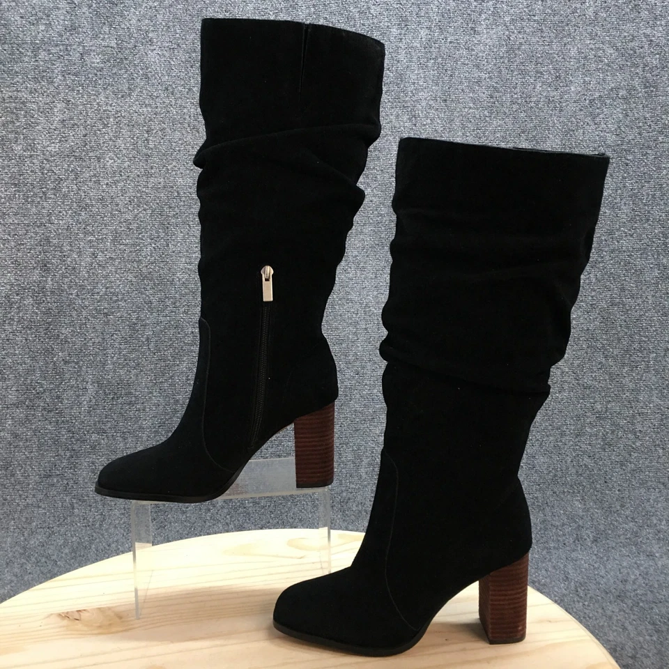 Espléndidas botas para mujer 6,5 M de alto hasta la rodilla holgadas tacones de equitación gamuza negra Foto 2 de 4