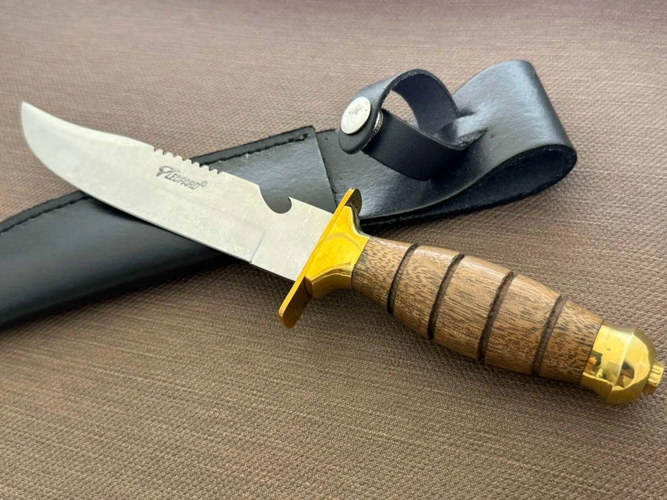 Cuchillo Daga De Colección Fijo Mango Madera Leopardo Funda Cuero Caza Francia Hombres Foto 2 de 4