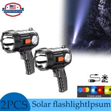 2 Pcs Solar/USB Super Bright Rechargeable LED Spotlight Flashlight Searchlight