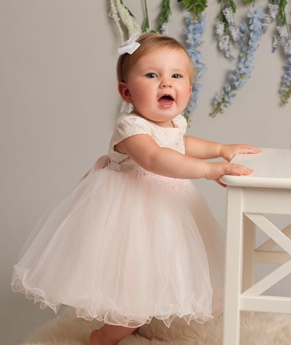 Vestido de encaje con bordes con volantes rosa rubor para ocasiones especiales para bebés y niñas - edades 0-4 - Imagen 3 de 4