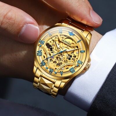 OUPINKE Gold Skeleton Automatic Mechanical Watch 50M Waterproof Luxury Wristwatc