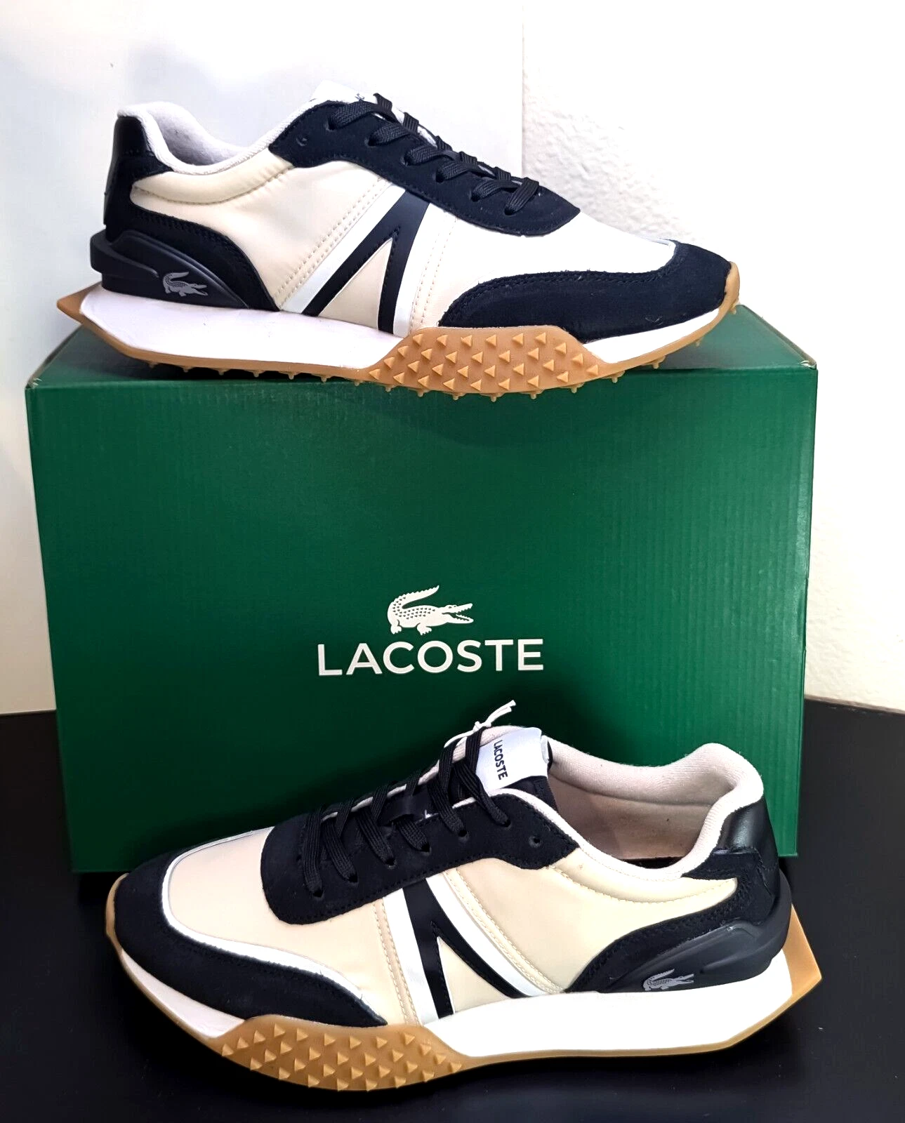 NIB 100% LACOSTE Men Shoes L-Spin Deluxe 224 Casual Sneakers Shoes Black White