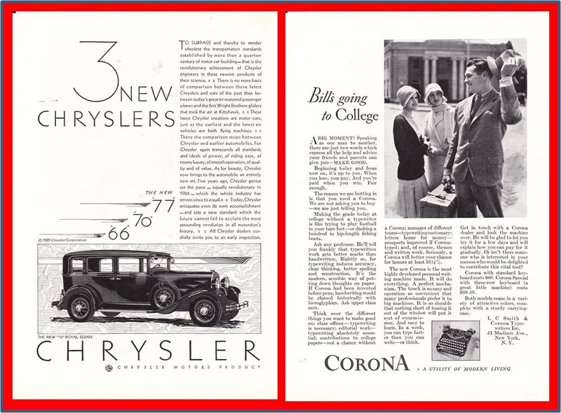 1929 Chrysler 66 70 Royal Sedan 77 Coupe Roadster Corona Typewriter Print Ad 117