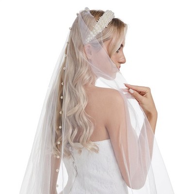 Pearl Wedding Veil Headband Fingertip 1 Tier Comb Cut Edge Elegant Bride