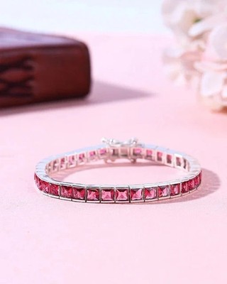 16Ct Lab-Created Princess Tourmaline 4mm Tennis Women's Bracelet 14K Gold Plated