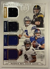 2018 National Treasures Lamar Jackson RC Jersey Card Rookie NFL Gear Quad GQM-14. rookie card picture