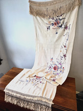 Antique Cream Hand Embroidered Silk Polychrome Floral Shawl, 93" long x 26" wide