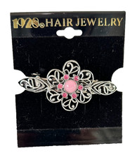 1928 Jewelry Hair Barrett Silver-tone Pink Cabochon  Crystal Flower Made USA