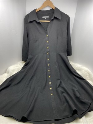 Sharagano Black Dress 12 Corporate Goth Dark Academia Minimalist Gold Button 