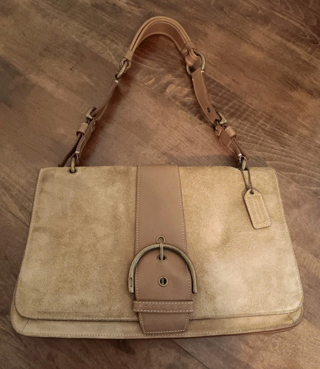 Vintage Coach Soho Tan Suede And Leather Flap Buckle