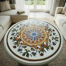 Elegant White Marble Coffee Table Semi-Precious Stone Floral Art Home Decor