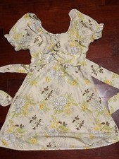 Vintage Y2K Beige Floral Sweetheart Puff Waist Tie Mini Dress (S-M)