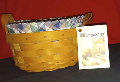 2000 LONGABERGER BUTTON BASKET with Woven Traditions Plaid LINER and PROTECTOR