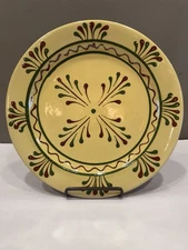 Vintage ROWE POTTERY Old Salem 12” Dinner Plate Yellow Green Red Design Signed