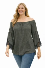WIN WIN Gray Lace Pullover Tunic Wear ON/OFF SHOULDERS  Size S-M