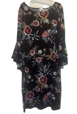 Olivia Matthews Black Colorful Floral Tunic Dress 3/4 Bell Sleeve Sz L  Stretch